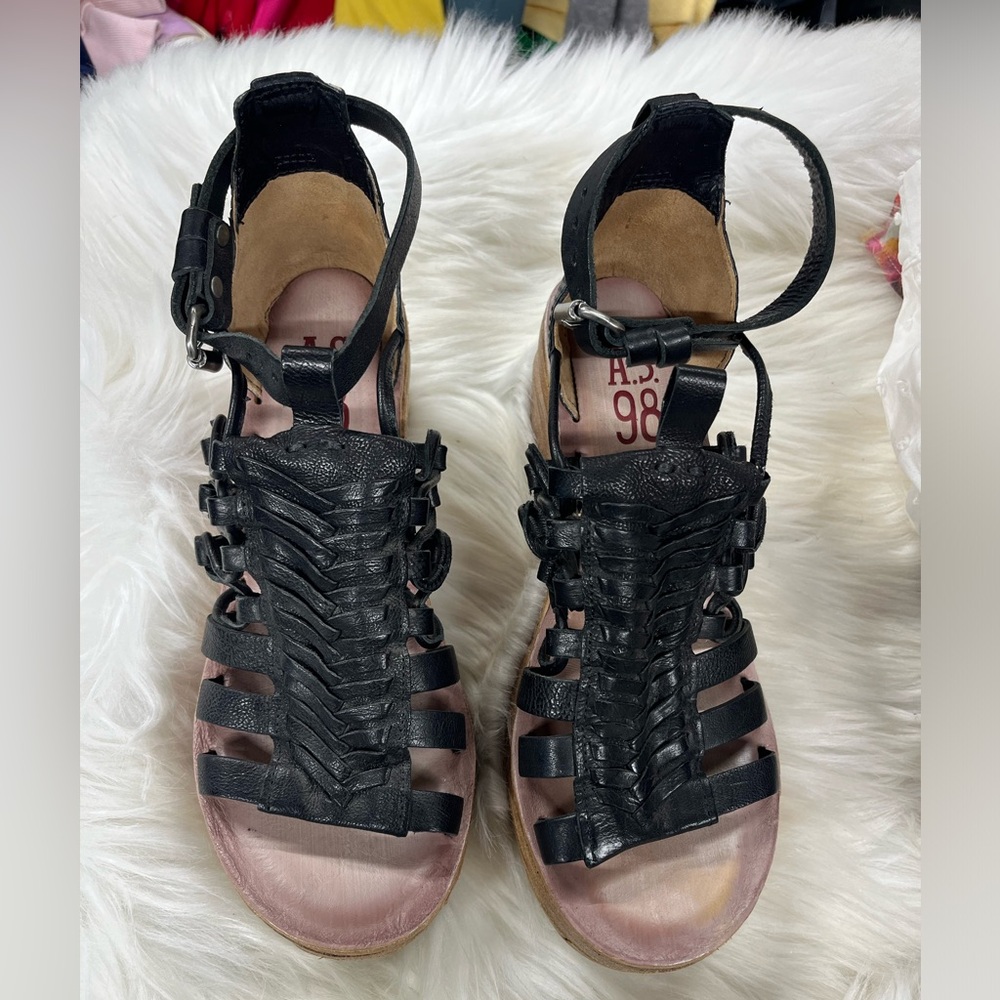 A.S.98 black leather wedge sandals women’s shoes ankle strap size 38 ( 7.5-8) - Picture 3 of 8